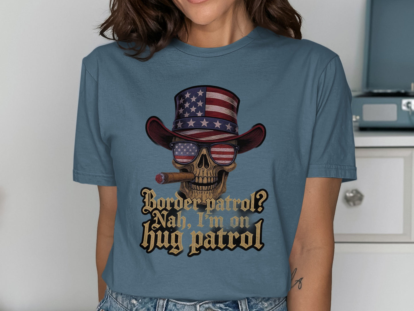Skull Wearing Flag Hat Hug Patrol T-shirt product type