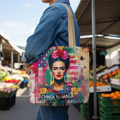 Tote bag featuring Frida Kahlo portrait with US flag background and "Chinga Tu Maga" text.
