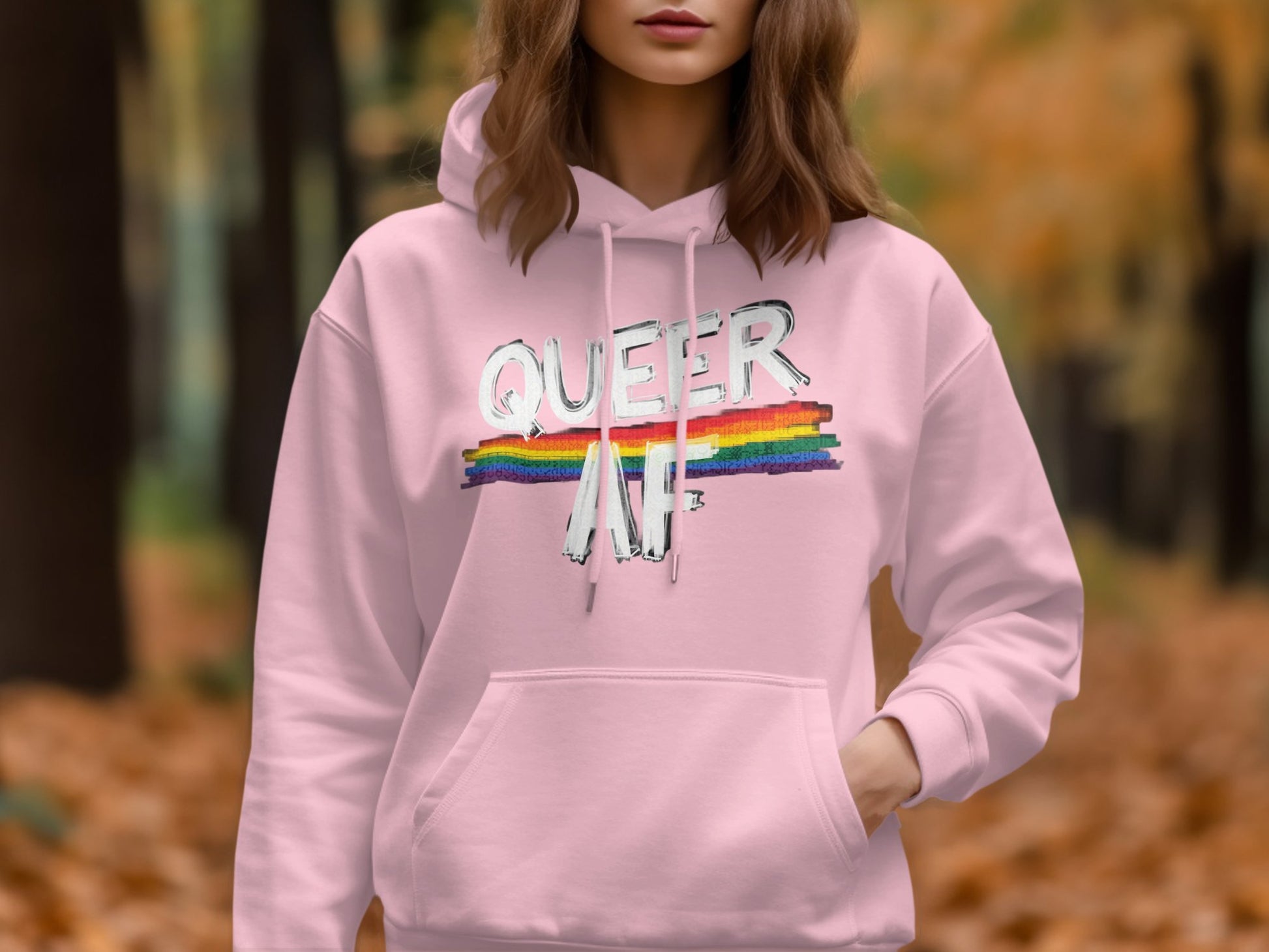 Queer AF Pink Hoodie with Rainbow Graphic product type