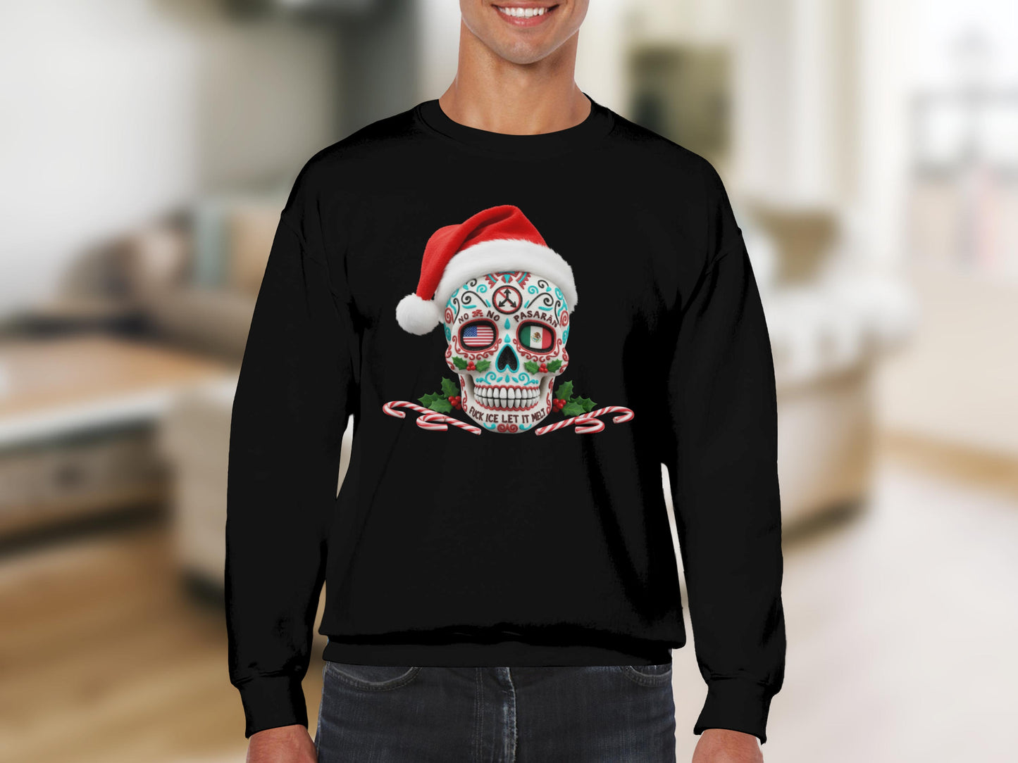 Festive Sugar Skull with Candy Canes on Christmas Sweater