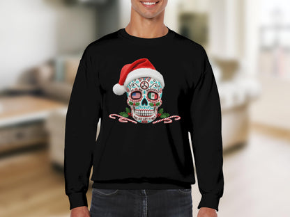 Festive Sugar Skull with Candy Canes on Christmas Sweater