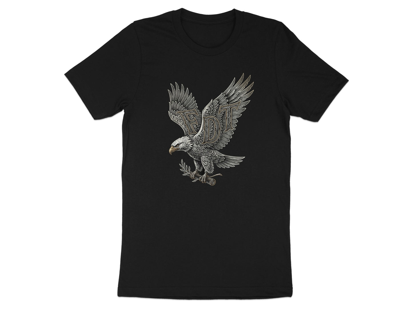 Black t-shirt with a grey and brown eagle holding a laurel branch.