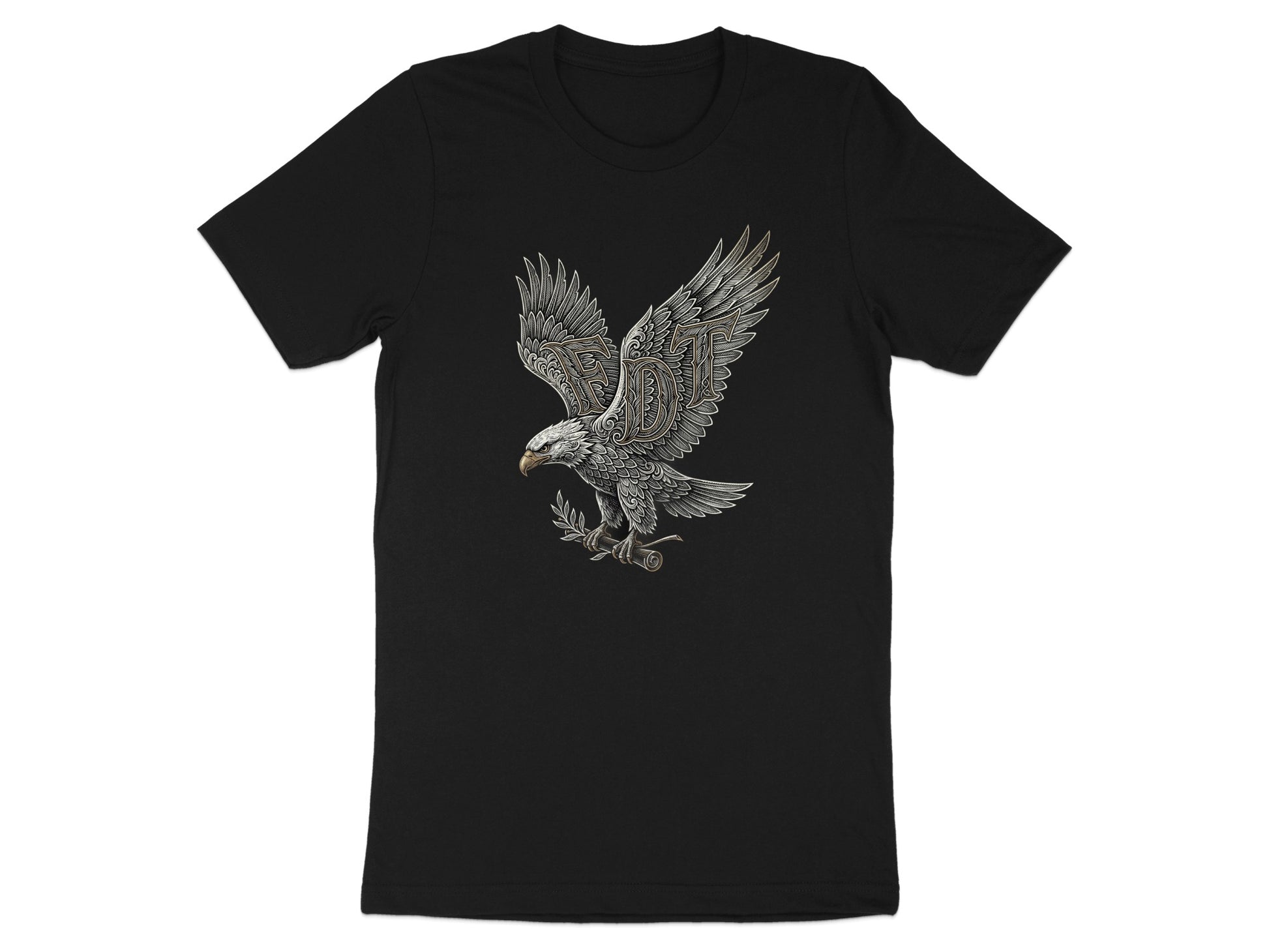 Black t-shirt with a grey and brown eagle holding a laurel branch.