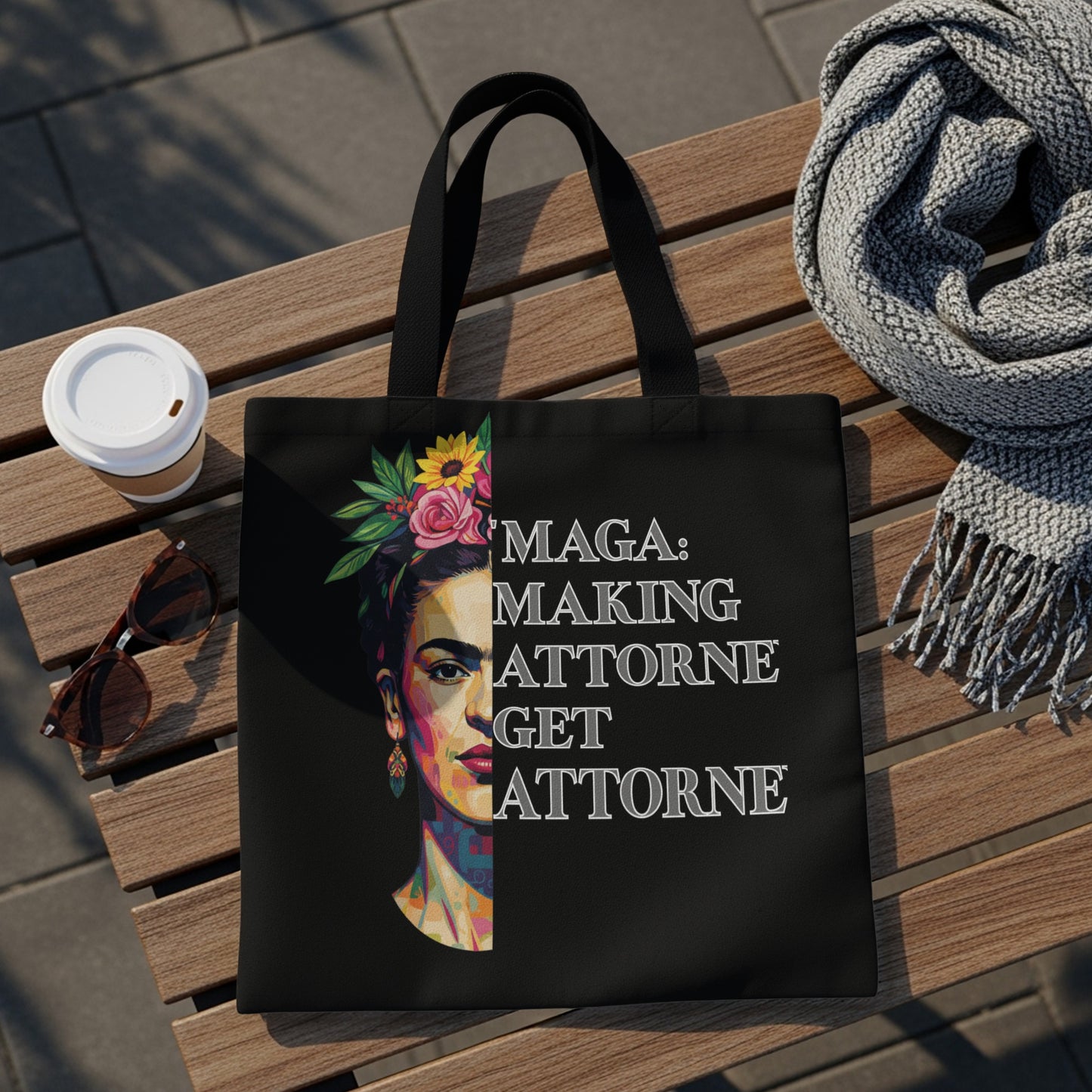 Black tote bag with Frtda Kahlo portrait and text "MAGA: MAKING ATTORNES GET ATTORN".