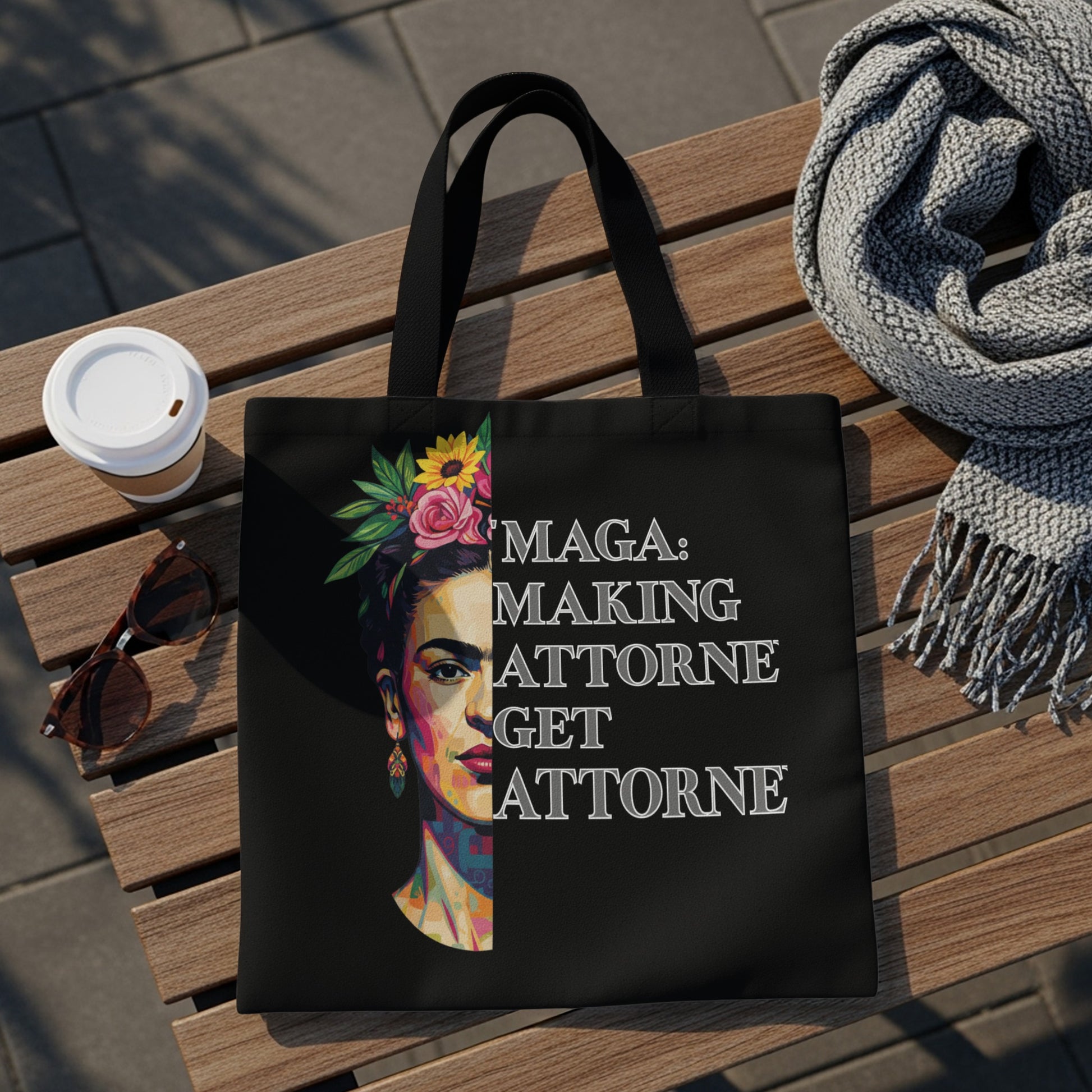 Black tote bag with Frtda Kahlo portrait and text "MAGA: MAKING ATTORNES GET ATTORN".