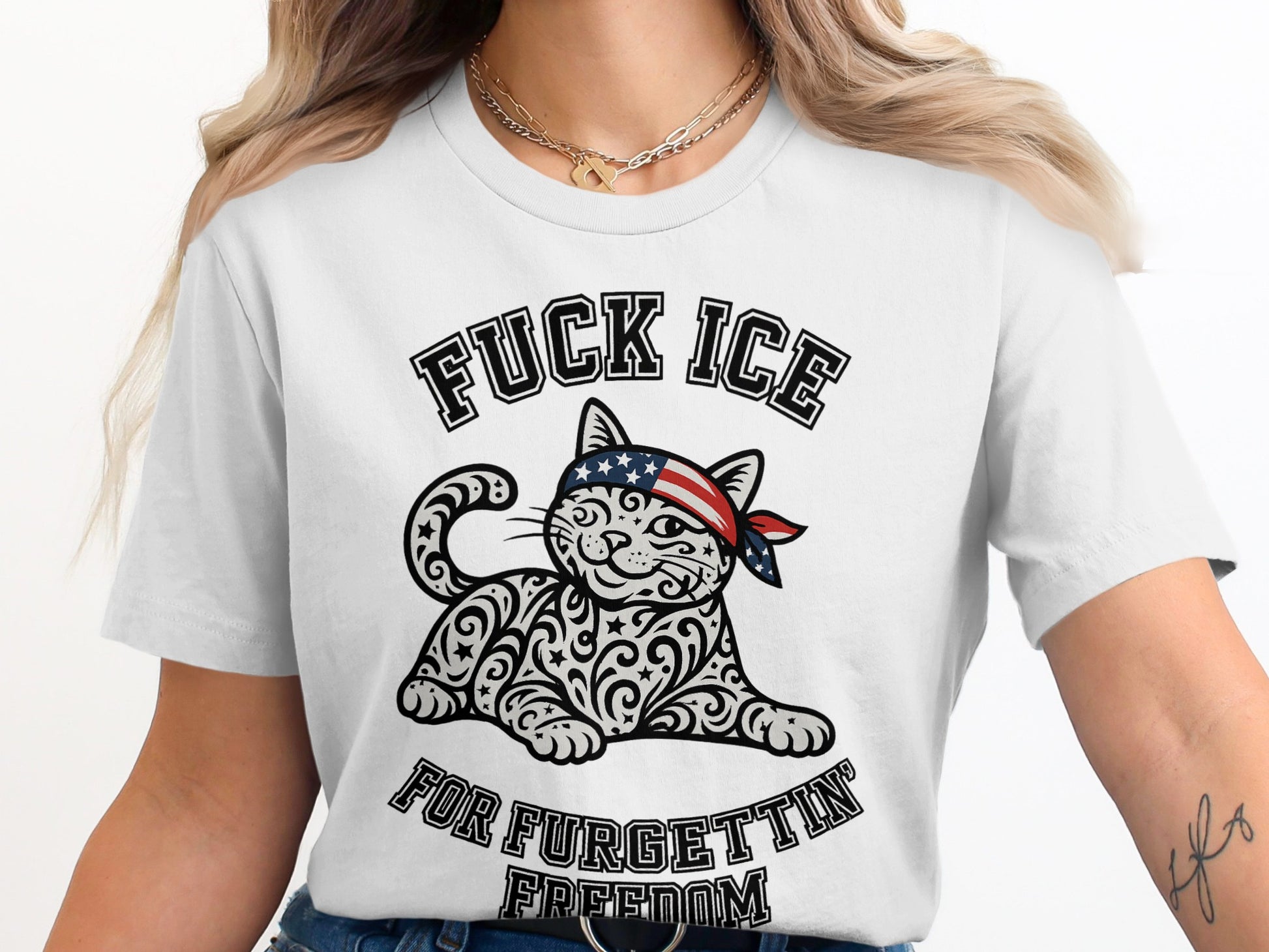 Patriotic Cat Graphic Fuck Ice Freedom T-Shirt Product