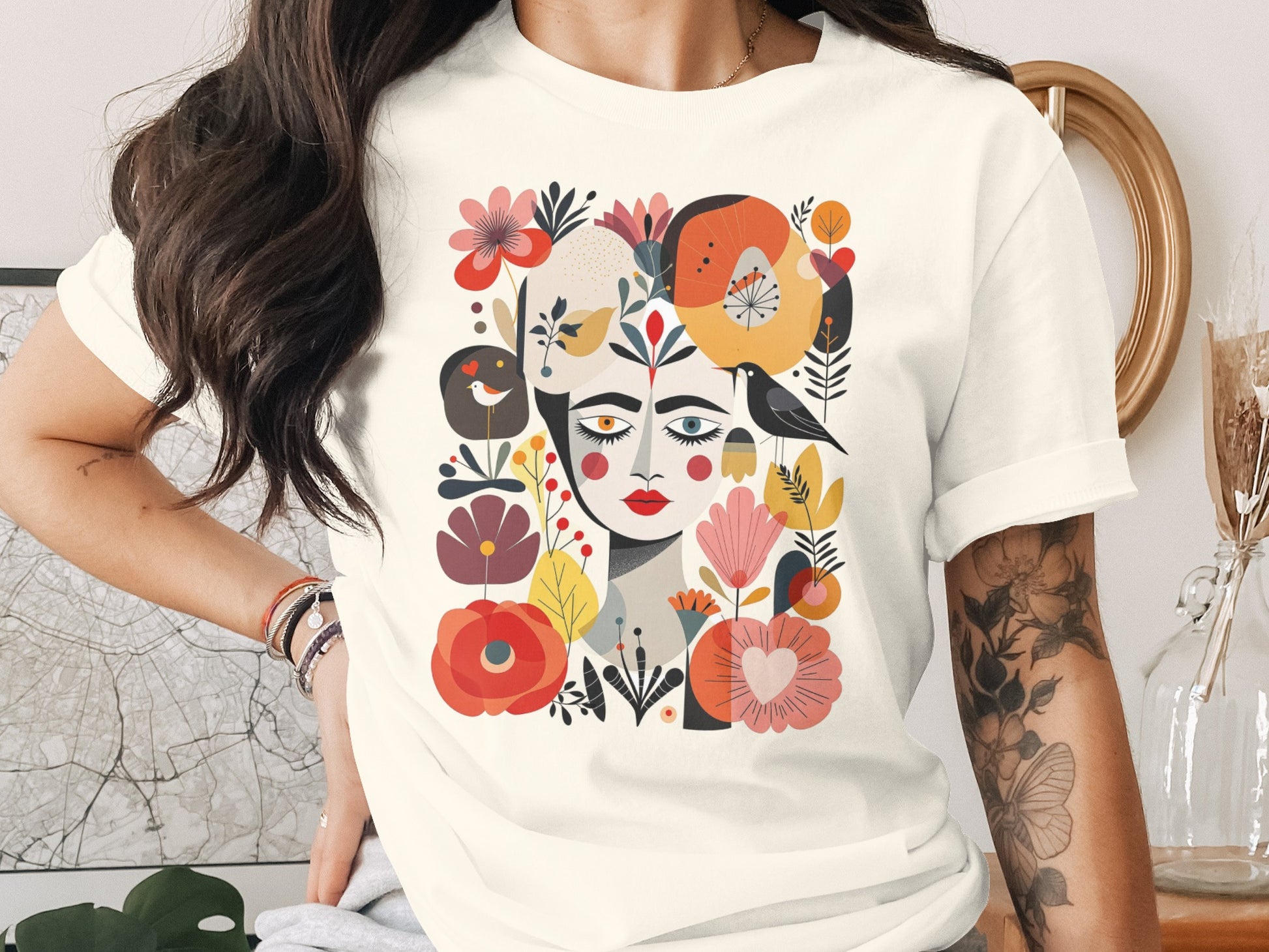 Abstract Floral Folk Art Woman Face Birds T-shirt product type