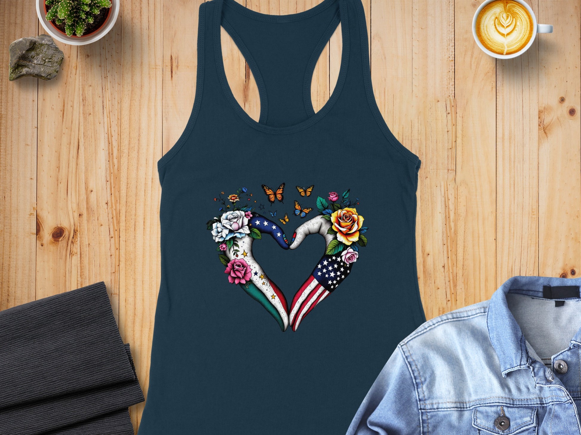 Patriotic Heart Shaped Design with Floral Elements tank top