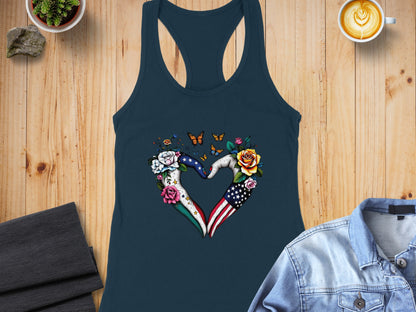 Patriotic Heart Shaped Design with Floral Elements tank top