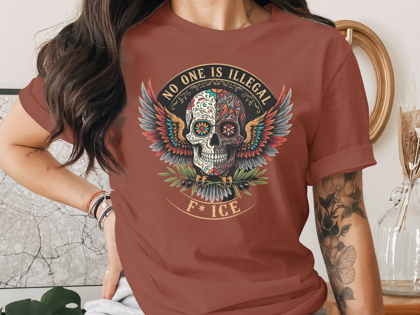 No One Is Illegal Skull Art Statement Tee product type