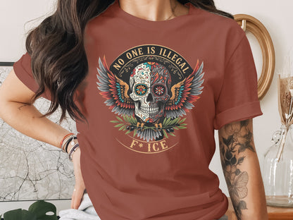 No One Is Illegal Skull Art Statement Tee product type