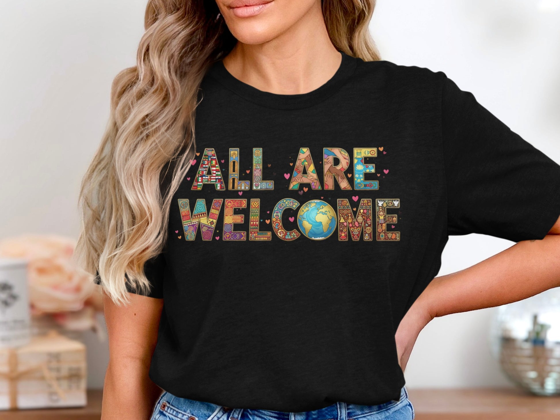 Colorful All Are Welcome Statement T-shirt