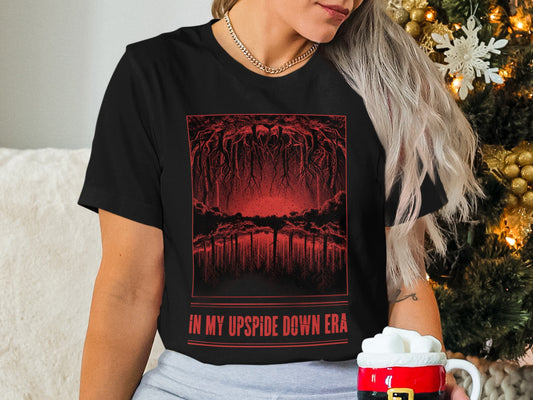 Black t-shirt with red tree roots and "IN MY UPSIDE DOWN ERA" text.