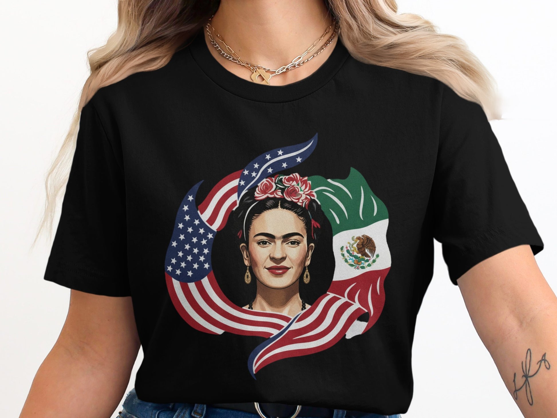 Iconic Frida Kahlo USA Mexico Flag Graphic T-Shirt product