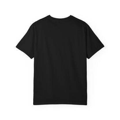 Black t-shirt viewed from the back, on a white background.