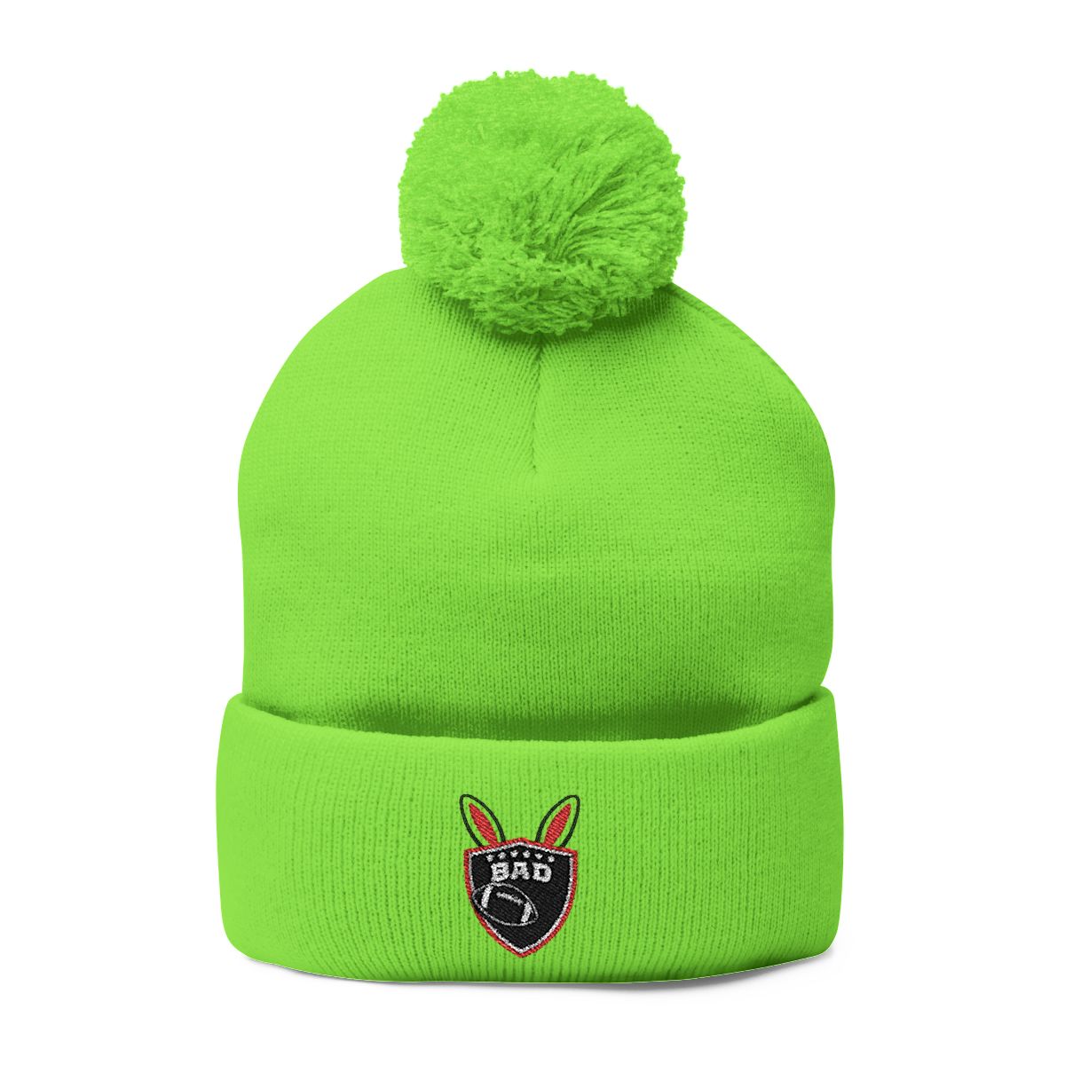Neon Green Pom-Pom Embroidered Beanie Hat