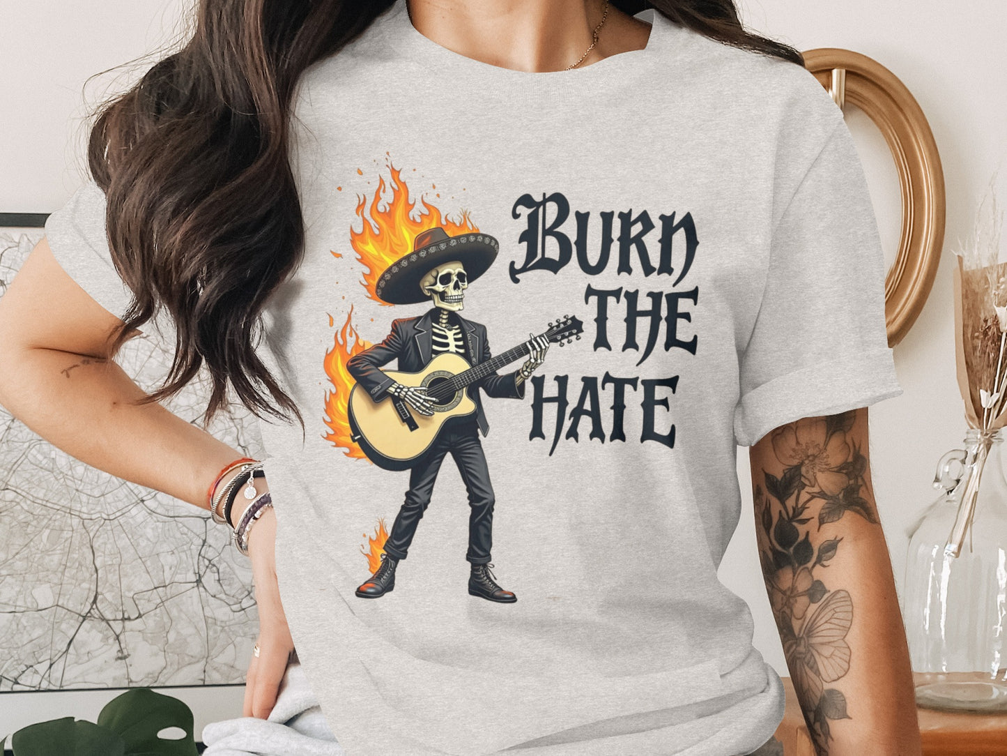 Burn The Hate Skull Guitar T-shirt product type