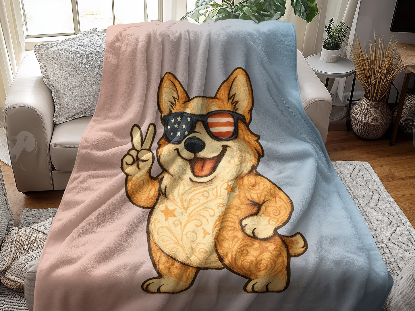 Cool Peace Sign Corgi with USA Shades Blanket product