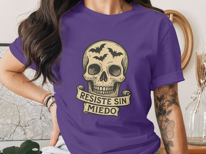 Purple Skull Graphic Resiste Sin Miedo Design Shirt product