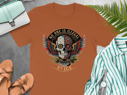 No One Is Illegal Skull Design Graphic Tee product type