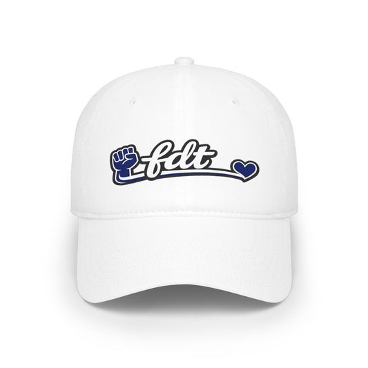 FDT Logo White Cap with Blue Fist and Heart Design