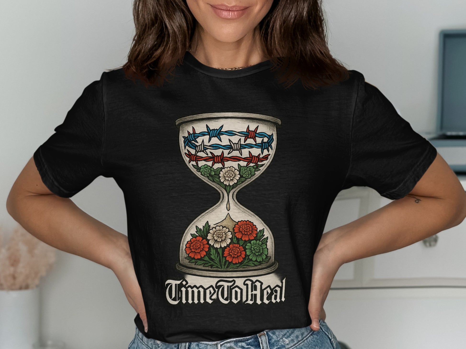 Time To Heal Hourglass Design Black T-shirt product