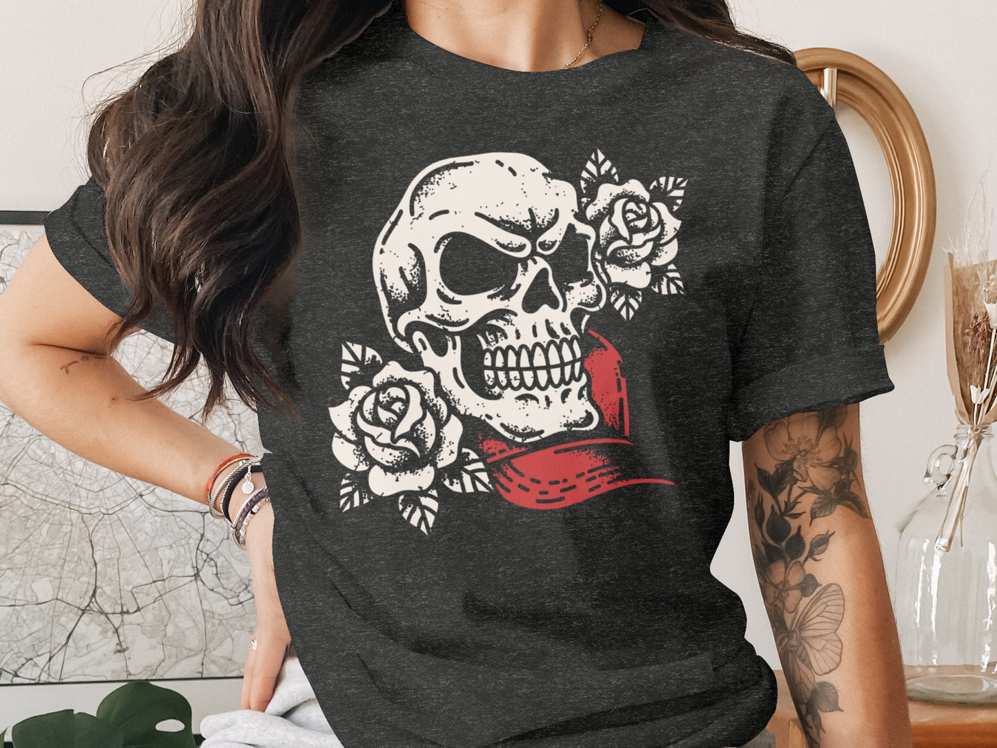 Gothic Skull Roses Red Banner Design Shirt product type