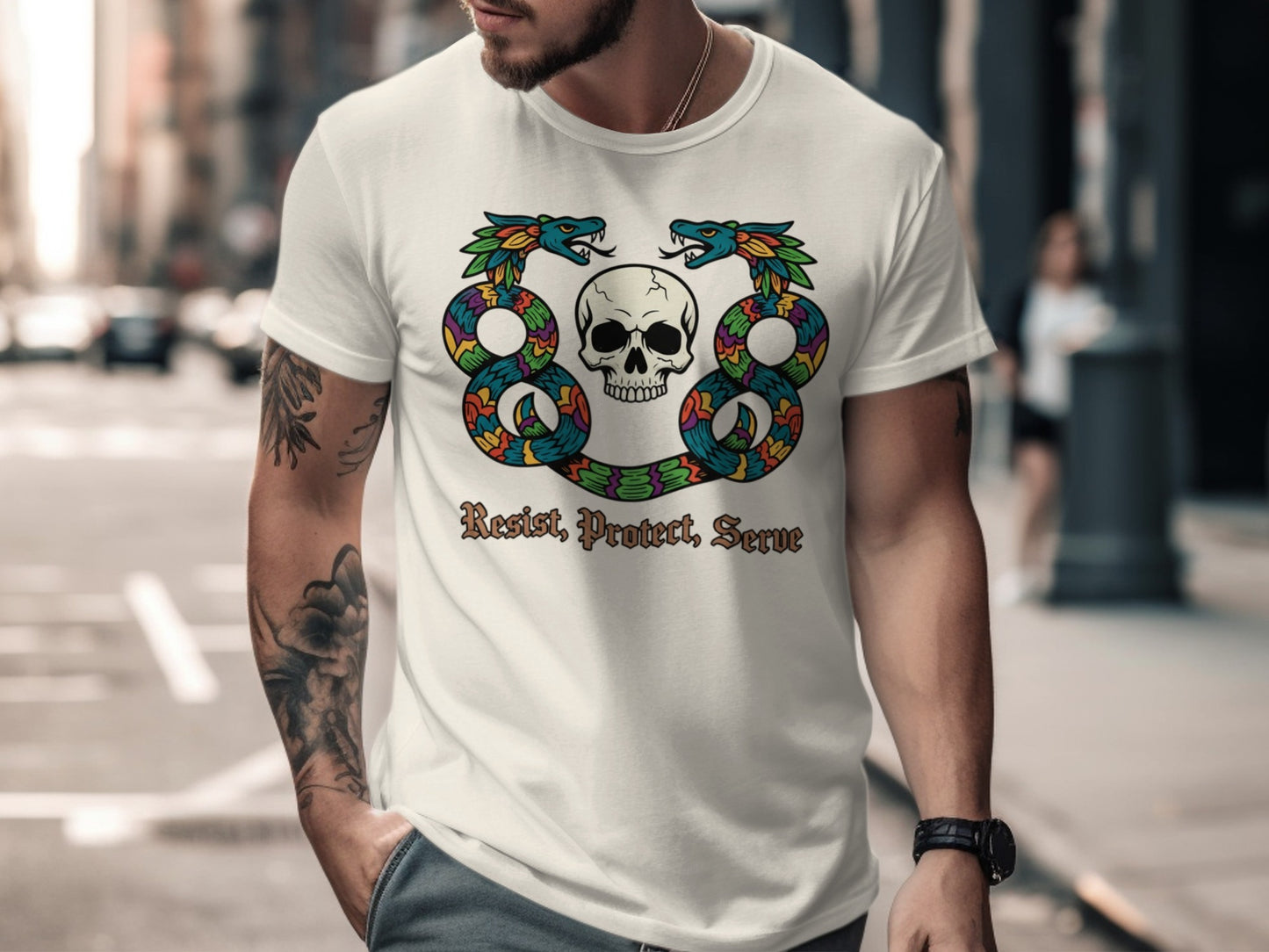 Resist Protect Serve Skull with Serpents T-Shirt