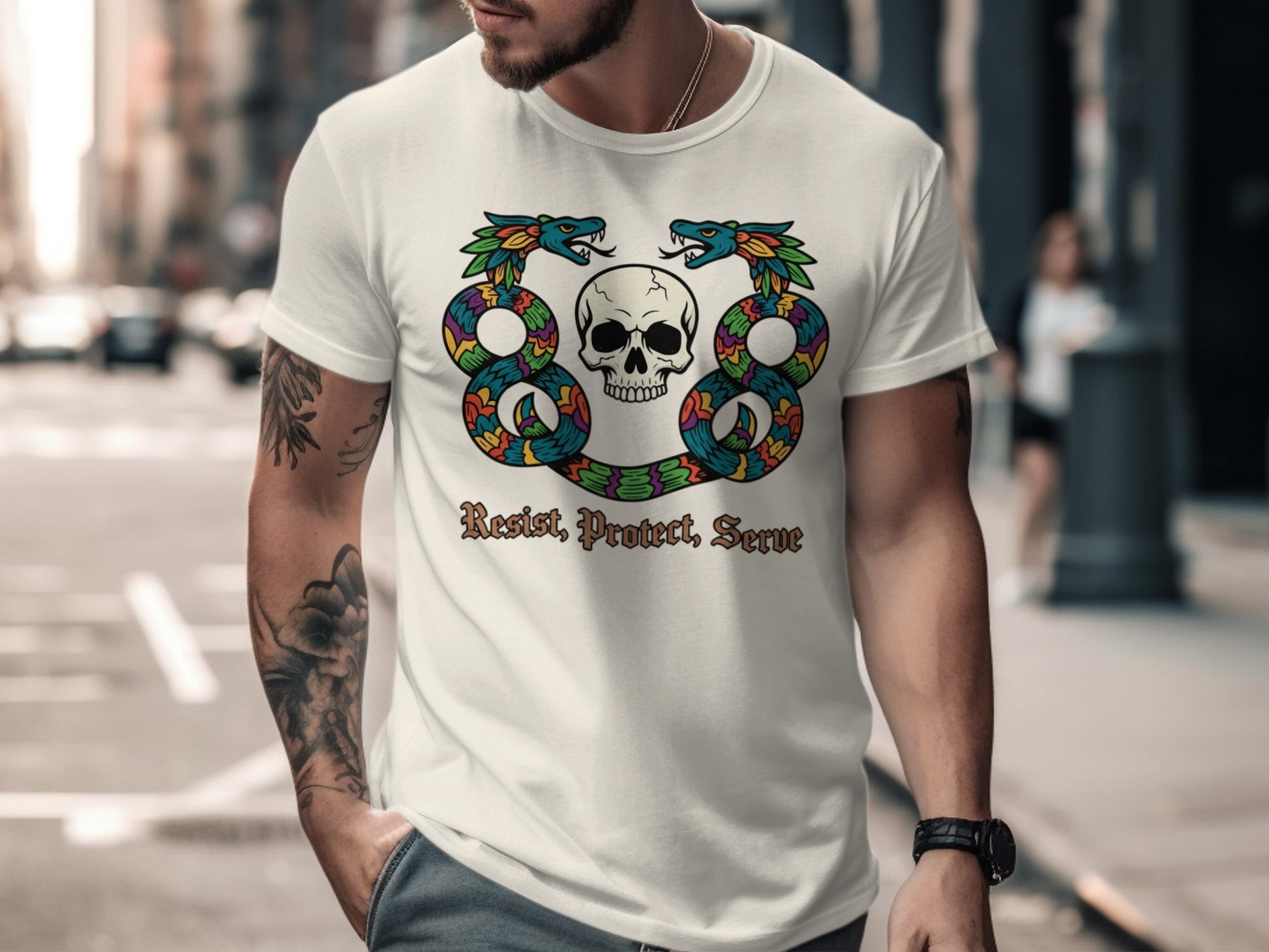 Resist Protect Serve Skull with Serpents T-Shirt