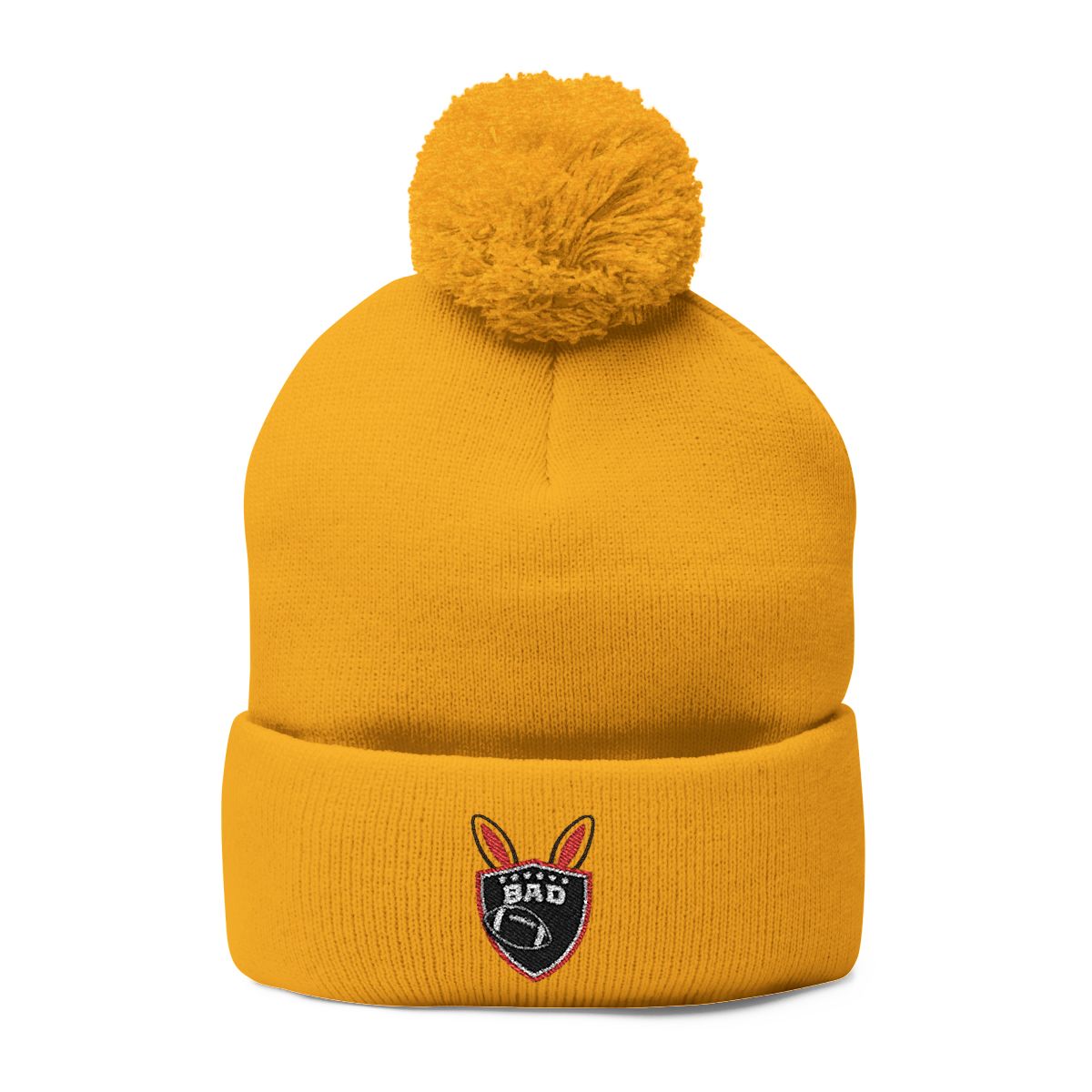 Yellow Pom-Pom Hat with Badge Embroidery Beanie