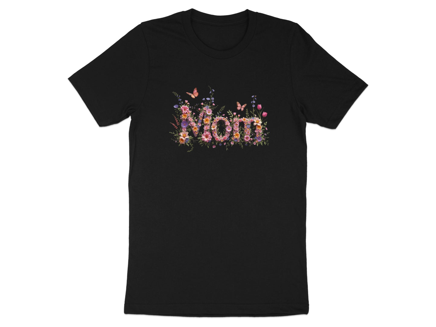 Black t-shirt with "MOM" in floral letters and butterflies.