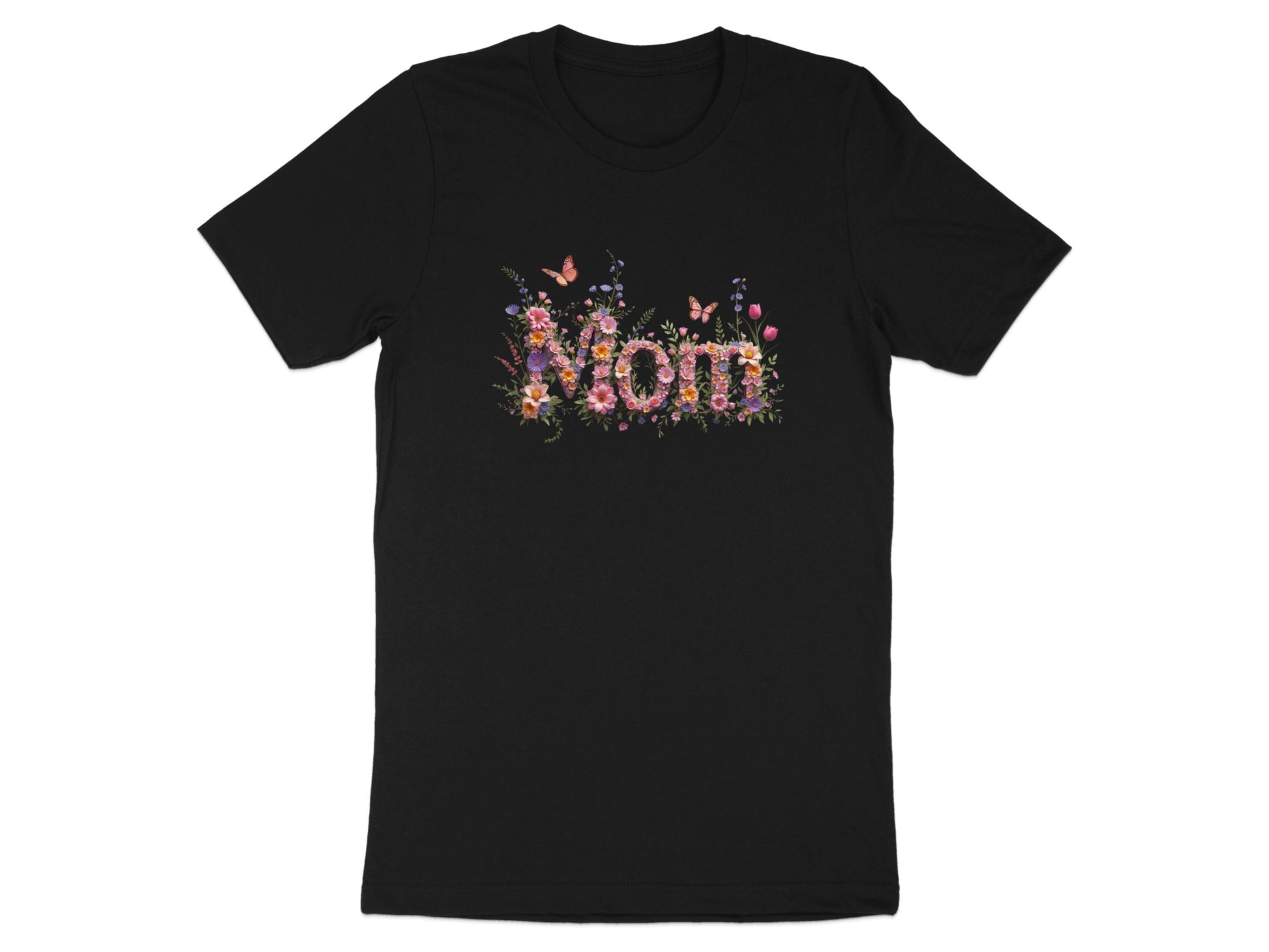 Black t-shirt with "MOM" in floral letters and butterflies.