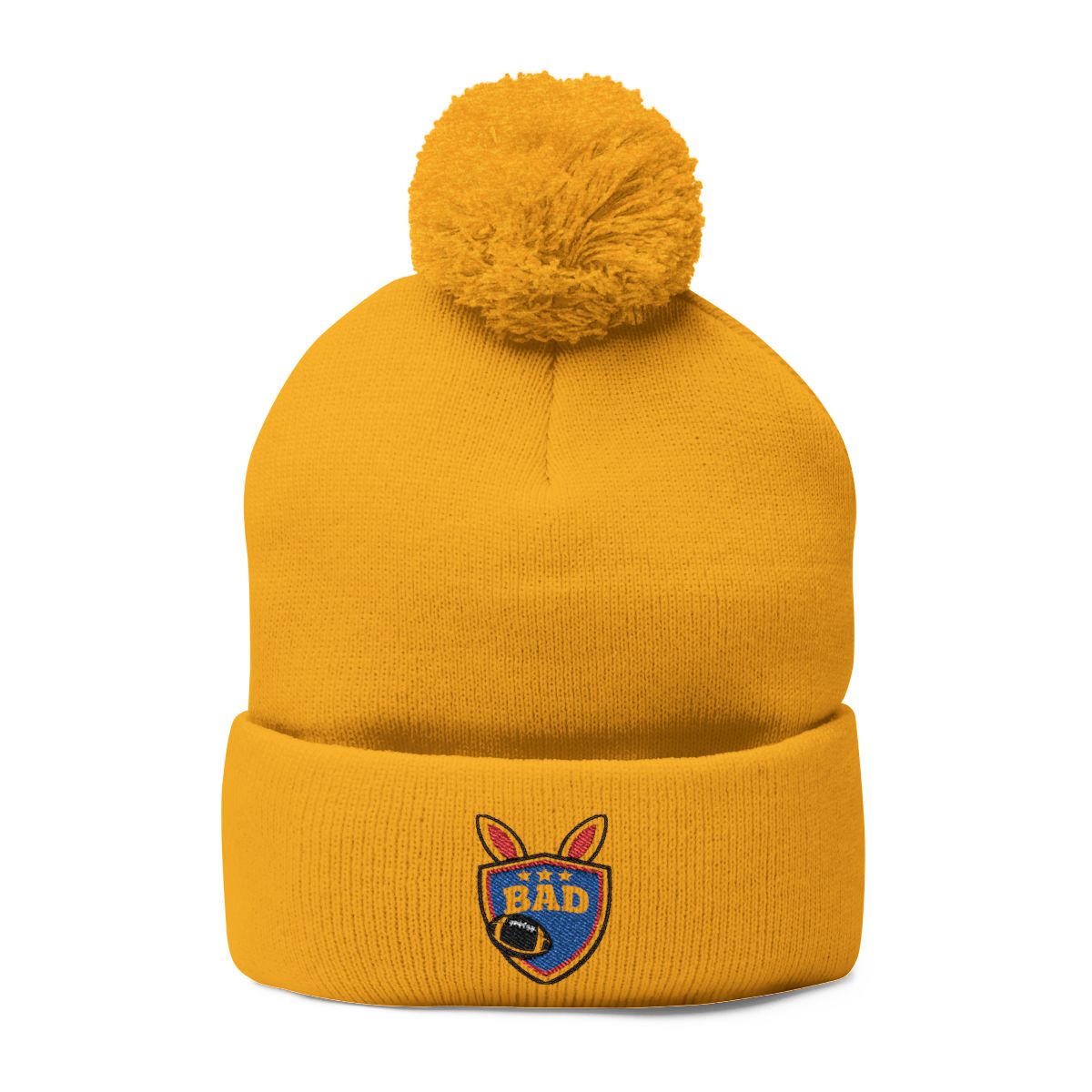 Bright Yellow Pom-Pom Beanie with Embroidered Badge