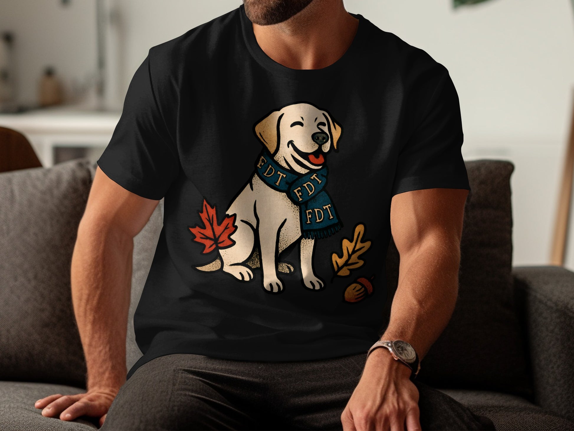 Cozy Dog with Leaves and Scarf T-Shirt
