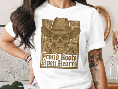 Proud Roots Open Hearts Skull Cowboy Hat T-Shirt