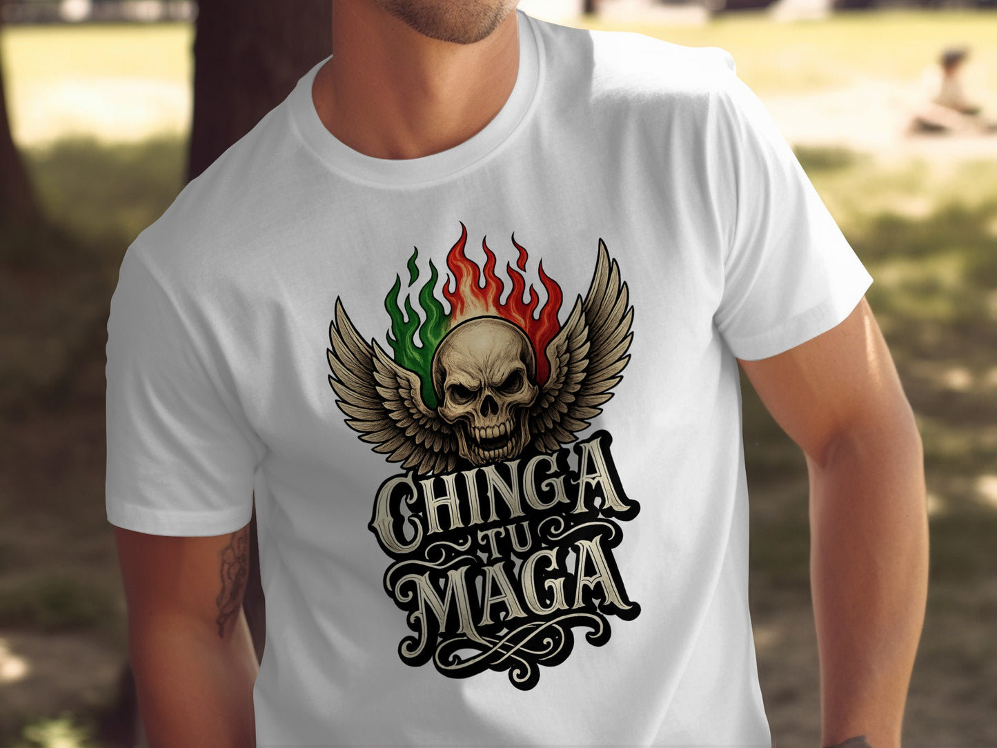 Skull with Flames and Text Design T-shirt product type