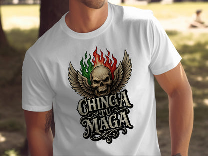Skull with Flames and Text Design T-shirt product type