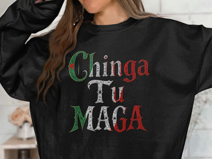 Chinga Tu Maga graphic on black sweatshirt product type