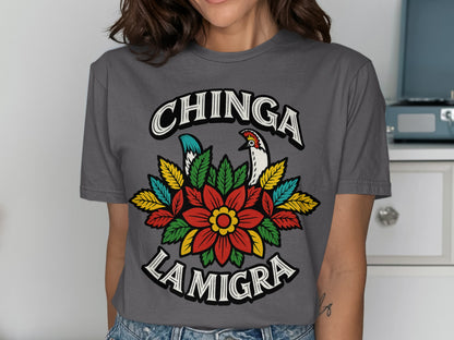 Chinga La Migra Colorful Flower Design T Shirt product