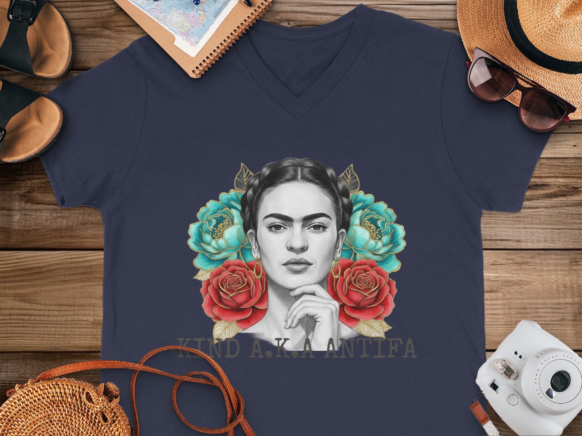 Frida Kahlo Floral Portrait Artwork on Blue T-Shirt