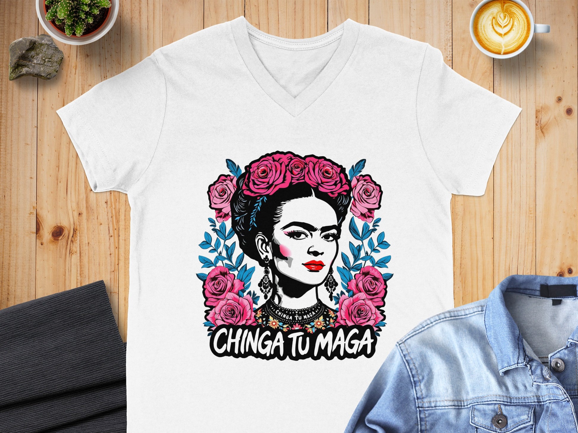 Chinga Tu Maga Floral Graphic V Neck Tee Shirt