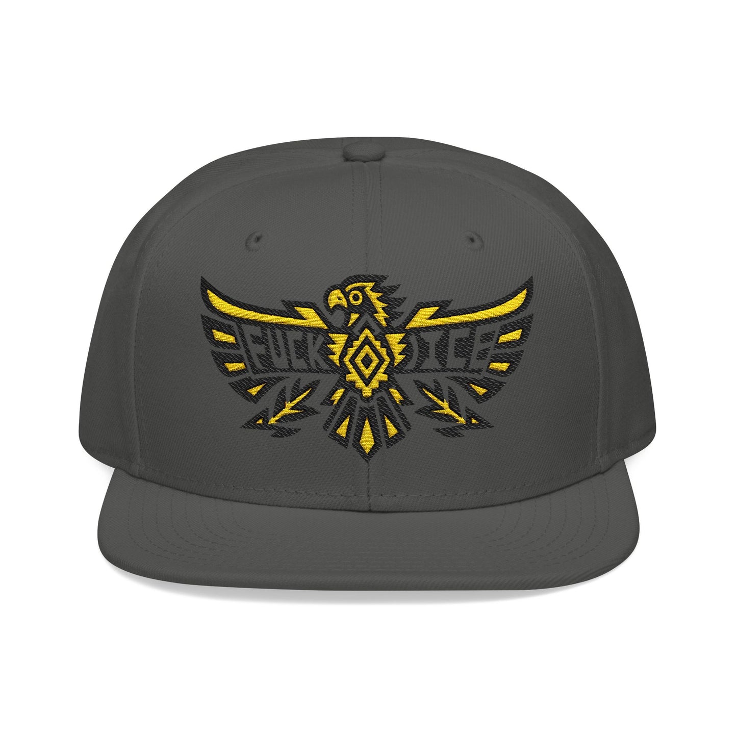 Dark gray snapback hat with embroidered yellow and black eagle graphic.