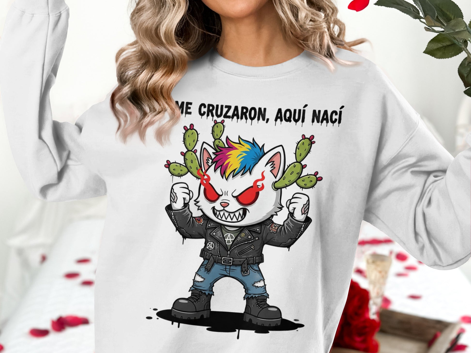 Rainbow Punk Rock Cat Graphic White Sweater product