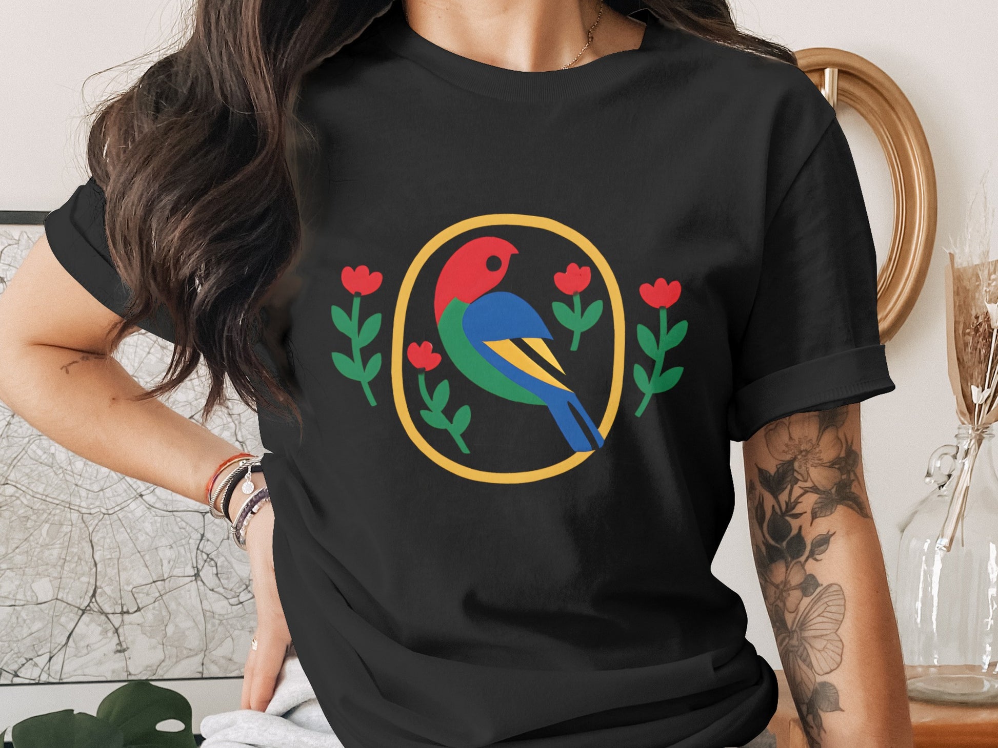 Vibrant Bird and Flowers Graphic T-shirt product type