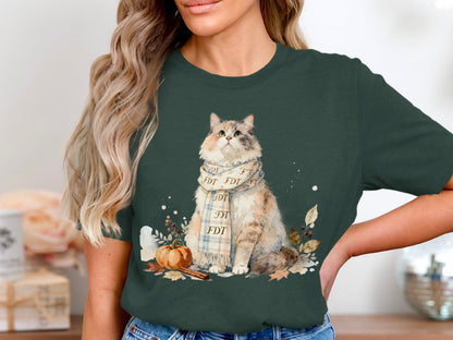 Cozy Cat Autumn Leaves T-Shirt Casual Fashion