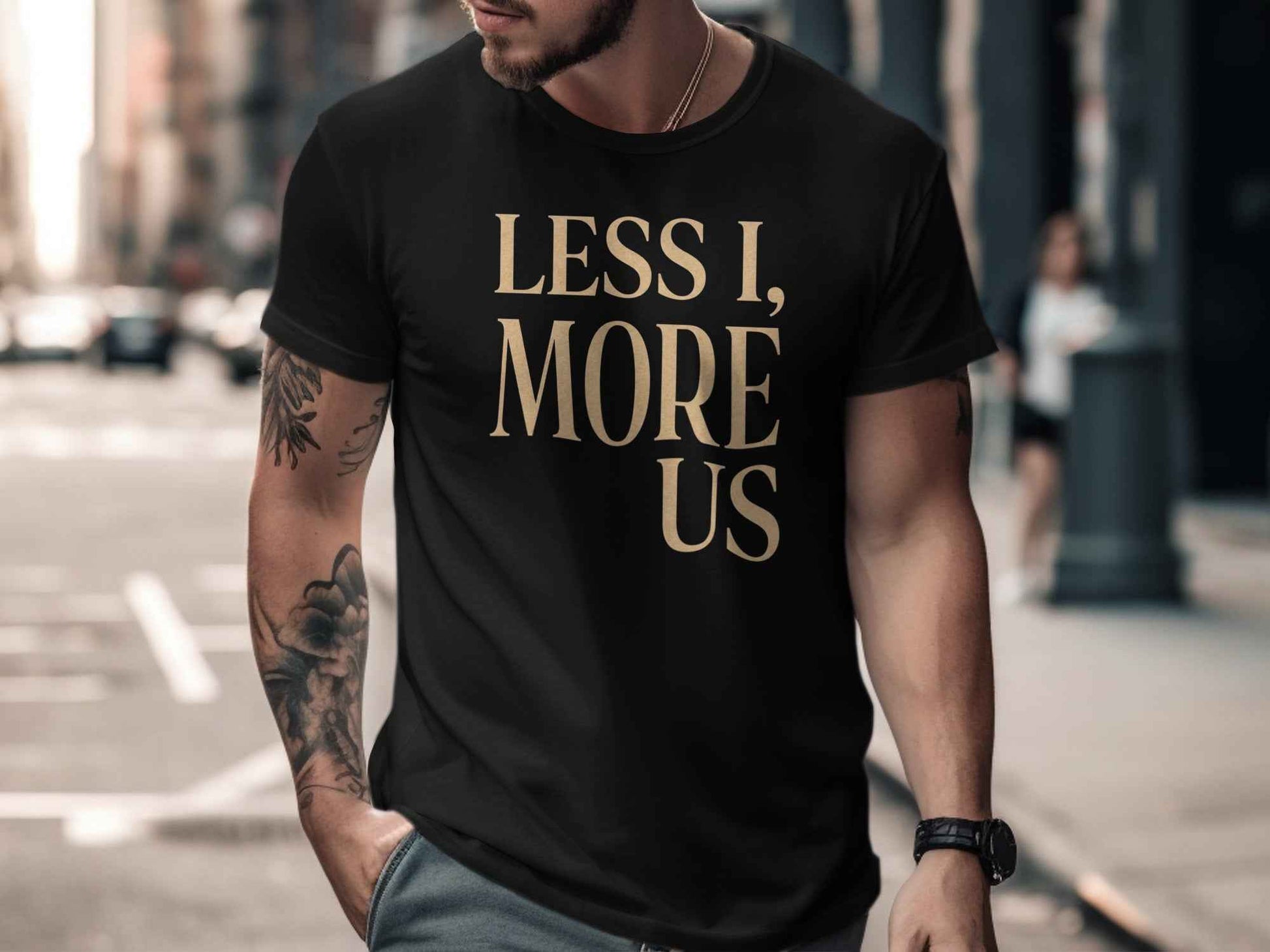 Less I More Us T-Shirts, Unity Community Empathy, Inspirational Quote Tee, Positive Message, Textured Rustic Font Graphic Tee, Social