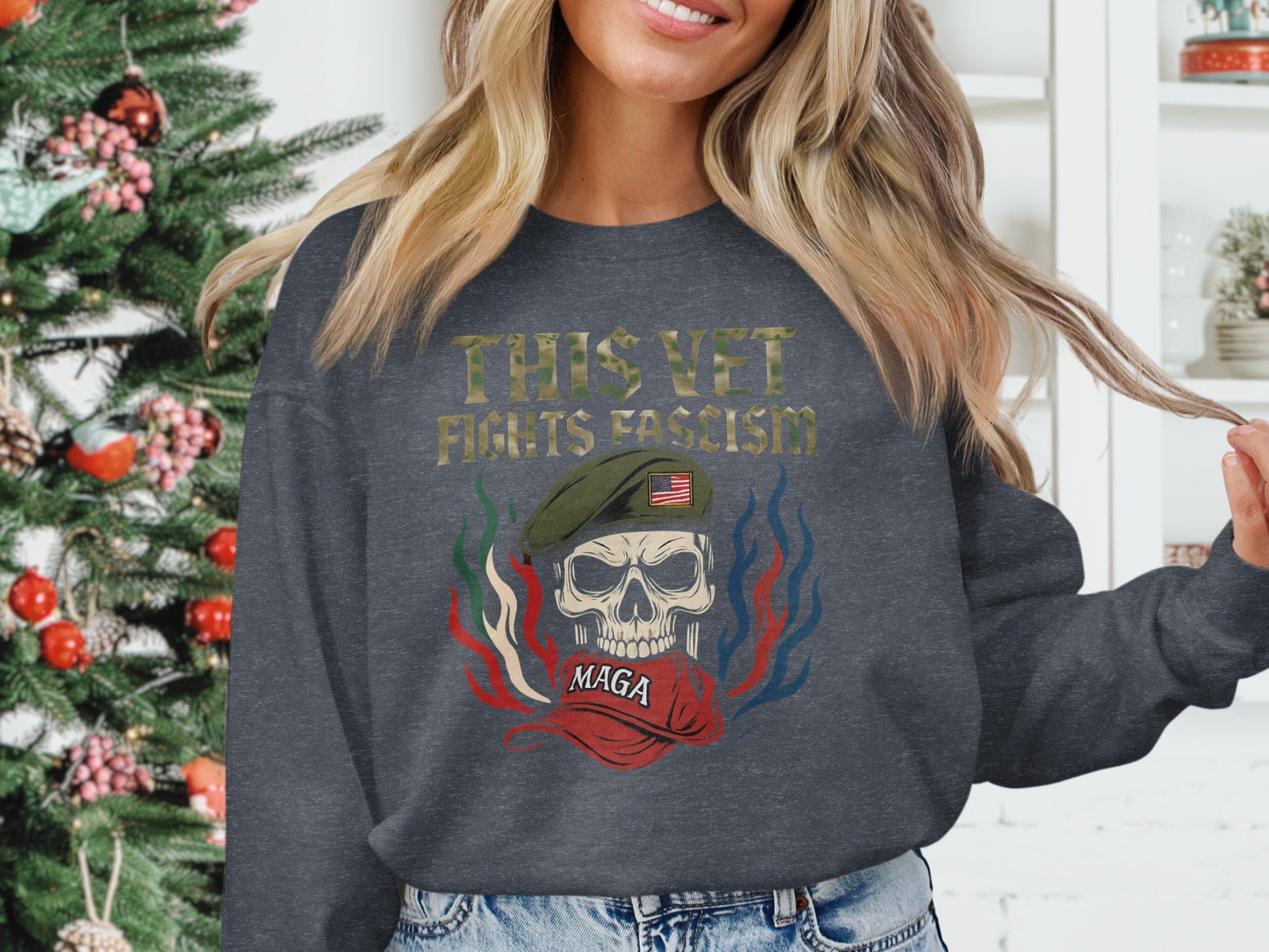This Vet Fights Fascism Skull Graphic Sweatshirt product type