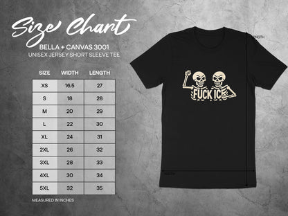 Bella + Canvas 3001 unisex t-shirt size chart with width and length measurements.