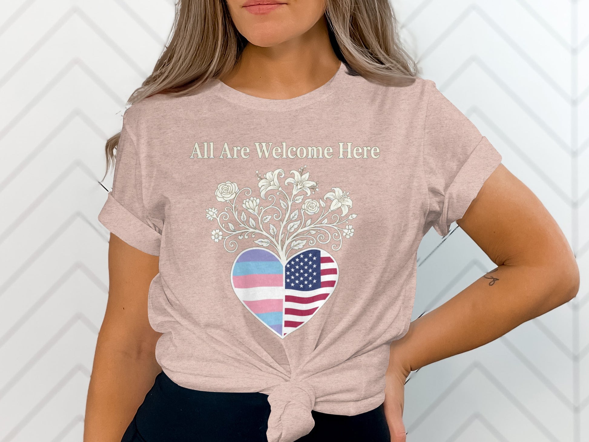 All Are Welcome Here Flag Heart Women's T-Shirt product type