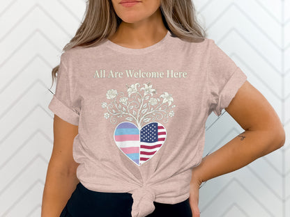 All Are Welcome Here Flag Heart Women's T-Shirt product type